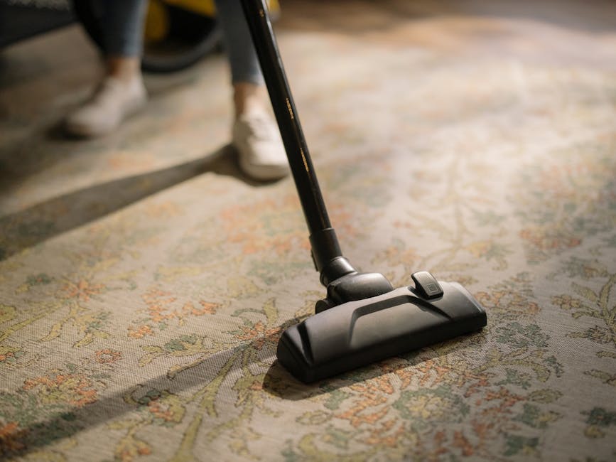 Close-up of a handheld vacuum cleaner being used for surface cleaning on an intricate, patterned area rug in a residential or commercial space. The vacuum's black brush head and slim handle are visible, with the fabric of the rug showing a floral design in muted tones. The scene is illuminated by soft, natural lighting, highlighting the cleanliness and maintenance of the rug. In the background, a person's legs and footwear can be seen, suggesting active cleaning or maintenance. This image exemplifies professional deep cleaning and sanitisation methods associated with Knightsbridge Carpet Cleaners' services, emphasizing thoroughness in domestic or commercial cleaning environments.