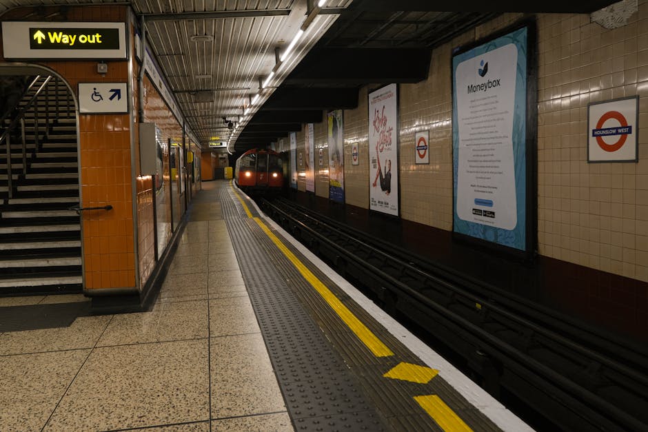 Interior of Knightsbridge underground station with tiled walls and flooring, showing a platform with a tactile yellow warning strip along the edge. A train is arriving or departing in the background, under fluorescent lighting. Signs indicating the way out and accessibility are visible on the wall, along with advertising posters, including a Moneybox ad. To the left, there is a staircase with a black metal handrail, leading upwards. The station appears clean and well-maintained, with a mix of beige and brown tiles on the walls, and a speckled terrazzo floor surface. Knightsbridge Carpet Cleaners emphasizes surface cleaning and sanitisation services suitable for busy underground station environments, ensuring hygienic maintenance of public spaces.
